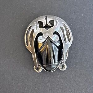 Vintage Sterling Silver & Black Onyx/Obsidian Aztec Warrior Head Pin Brooch